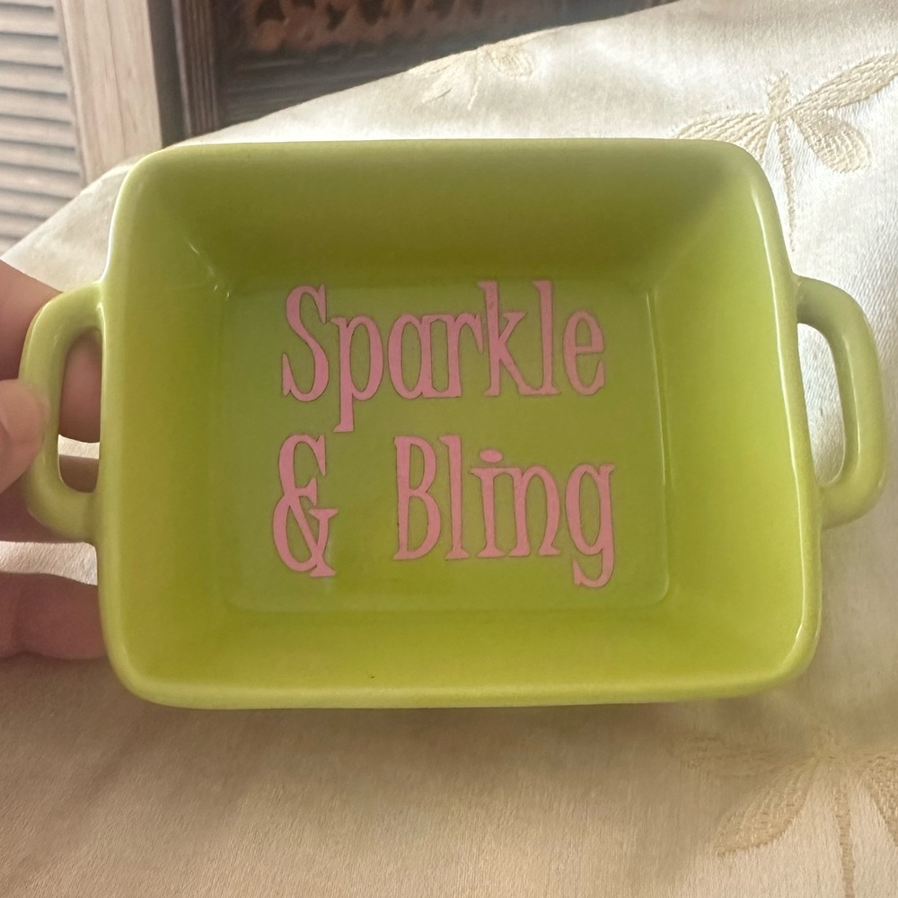 Great Gatherings Green & Pink Sparkle & Bling Ceramic Jewelry / Trinket Dish.